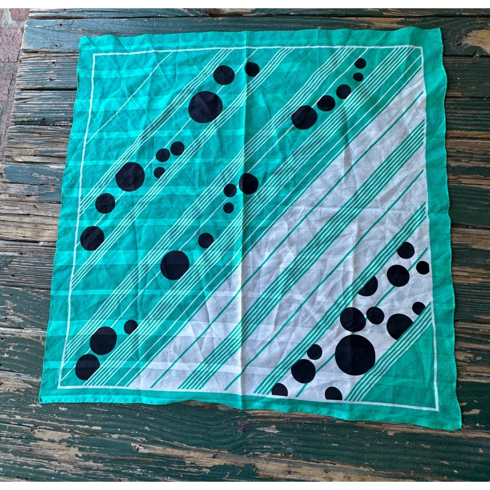 Vintage Teal White Geometric Polka Dot Striped Square Scarf Neckerchief 30x30